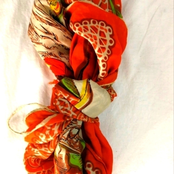 𝅺VTG 20s Antique ORANGE Ladies print scarf -- as is with flaws & torn - Picture 8 of 12